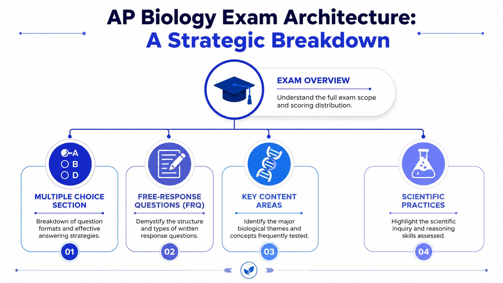 A structured infographic detailing the four main sections of the AP Biology exam architecture and strategy.