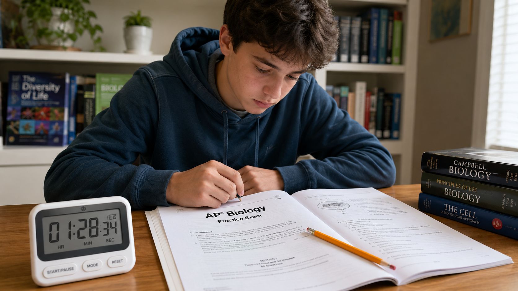 A teenage boy intensely focused on studying for his AP Biology practice exam at his desk.